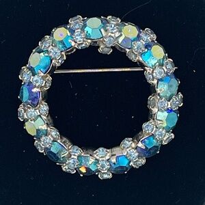 VTG Warner Blue Rhinestones Round Brooch Pin Wreath Aurora Borealis AB Signed